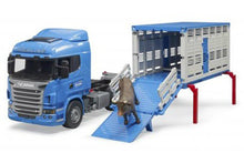 Load image into Gallery viewer, B03549 Bruder Scania R-Series Cattle Transporter With Bull Tractors And Machinery (1:16 Scale)
