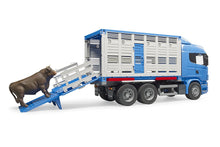 Load image into Gallery viewer, B03549 Bruder Scania R-Series Cattle Transporter With Bull Tractors And Machinery (1:16 Scale)