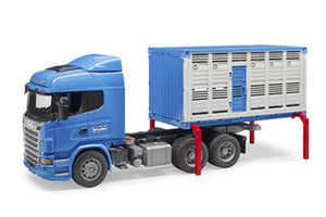 B03549 Bruder Scania R-Series Cattle Transporter With Bull Tractors And Machinery (1:16 Scale)