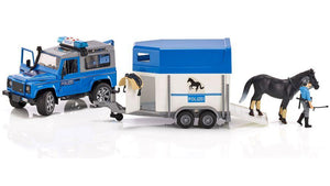 B02588 BRUDER LAND ROVER DEFENDER STATION WAGON POLICE WITH HORSEBOX, HORSE AND POLICEMAN