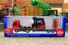 Load image into Gallery viewer, 1763 Siku Small Scale MAN low loader lorry with Linde forklift truck