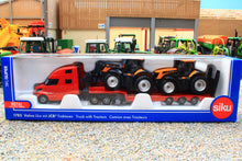Load image into Gallery viewer, 1785 Siku Small Scale Volvo articulated Low Loader Lorry with JCB Fastracs