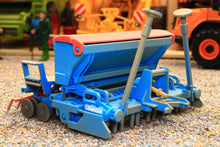 Load image into Gallery viewer, Weathered Siku Lemken Saphir 7 seed drill in blue shown as a 1:32 scale diecast farm implement with detailed planting units and support wheels