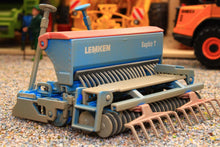 Load image into Gallery viewer, Weathered Siku Lemken Saphir 7 seed drill in blue and grey with ridged rollers and coulters shown as a 1:32 scale diecast farm implement
