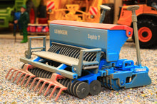 Load image into Gallery viewer, Weathered Siku Lemken Saphir 7 seed drill in blue with multiple coulters and packer wheels shown as a detailed 1:32 scale farm implement model