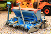 Load image into Gallery viewer, Weathered Siku Lemken Saphir 7 seed drill in blue and grey with detailed rollers and frame shown as a 1:32 scale farm machinery model