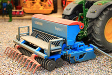 Load image into Gallery viewer, Weathered Siku Lemken Saphir 7 seed drill in blue and red with detailed rollers and tines attached to a tractor for 1 32 scale farm layouts