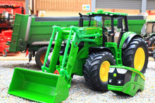 Load image into Gallery viewer, Siku 1:32 scale John Deere 6M 220 toy tractor with detachable 683R front loader and green bucket, shown in a detailed farm machinery display.