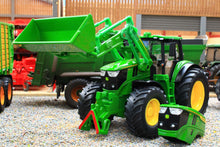 Load image into Gallery viewer, Siku John Deere 6M 220 toy tractor with detachable 683R front loader in green and yellow 1:32 scale shown among farm machinery models