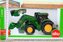 Load image into Gallery viewer, Siku John Deere 6M 220 toy tractor in green retail packaging with detachable front loader, yellow wheels and detailed cab, 1:32 scale farm model