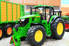 Load image into Gallery viewer, Siku John Deere tractor model with detachable front loader, bright green body and yellow wheels, displayed beside a green farm trailer as a 1:32 scale farm toy