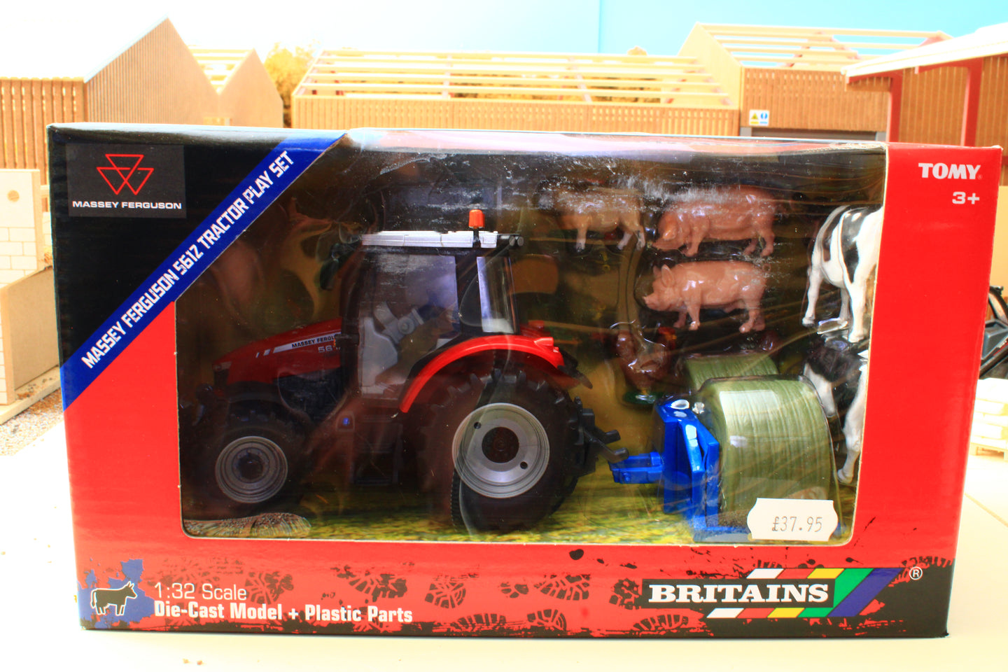 43205 Britains Build Your Farm Set Inc Massey Ferguson 5612 Tractor, Bale Carrier, Cows, Pigs, Sheep, Chickens Box Not 100%
