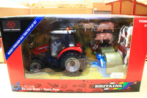 43205 Britains Build Your Farm Set Inc Massey Ferguson 5612 Tractor, Bale Carrier, Cows, Pigs, Sheep, Chickens with Shabby Box