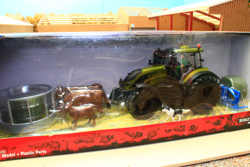 43323 Britains Olive Green Valtra Playset inc. Bale Lifter and Cow Feeder Tatty Box