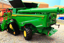 Load image into Gallery viewer, Britains John Deere S7 900 tracked combine harvester in green with yellow details and open grain tank displayed as a detailed 1:32 scale farm machinery model