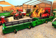Load image into Gallery viewer, Britains farm machinery display featuring green combine harvester headers tractors and agricultural equipment in a detailed miniature farm shed