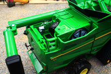 Load image into Gallery viewer, Britains John Deere S7 900 tracked combine harvester model showing detailed cab, grain tank, unloading auger and rubber tracks in green