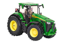 Load image into Gallery viewer, Britains John Deere 8R 540 tractor model in green and yellow with large black tyres and detailed cab shown against a white background