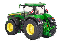 Load image into Gallery viewer, Britains John Deere 8R 540 collectible model tractor in green with yellow wheels shown from the front at a three quarter angle