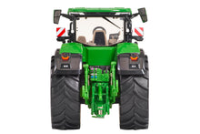 Load image into Gallery viewer, Britains John Deere scale model tractor shown from the rear with green bodywork large black tyres cab mirrors and detailed rear linkage