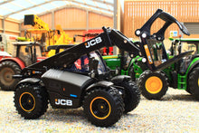 Load image into Gallery viewer, Britains black JCB 542 70 AgriPro Loadall model with raised telescopic boom displayed in a miniature farm machinery setting at 1 32 scale