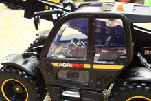 Load image into Gallery viewer, Close up of a black Britains JCB AgriPro Loadall model with detailed cab interior, rugged tyres and yellow trim in 1:32 scale agricultural model design