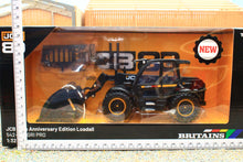 Load image into Gallery viewer, Britains 1:32 scale black JCB 542 70 AgriPro Loadall model in retail packaging with front bucket and anniversary edition branding