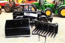 Load image into Gallery viewer, Britains 1:32 scale black JCB 542 70 AgriPro Loadall model with front bucket and fork attachment beside colourful model tractors