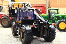 Load image into Gallery viewer, Britains black JCB 542 70 AgriPro Loadall model in 1:32 scale, shown from the rear among colourful farm machinery with detailed tyres and cab