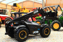 Load image into Gallery viewer, Britains black JCB 542-70 AgriPro Loadall diecast telehandler with raised front loader in a farm display. 1:32 scale model for collectors