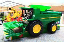 Load image into Gallery viewer, Britains John Deere toy combine harvester in green and yellow with front corn header displayed in a farm diorama for children aged 3 and over
