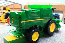 Load image into Gallery viewer, Britains John Deere toy combine harvester in green with yellow wheels, shown from the side and suitable as a farm toy for children aged 3 and up