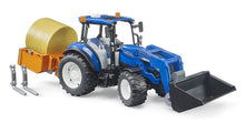 Load image into Gallery viewer, B02187 Bruder New Holland T5.120 with front loader, load box, forks and round bales
