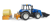 Load image into Gallery viewer, B02187 Bruder New Holland T5.120 with front loader, load box, forks and round bales