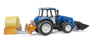 B02187 Bruder New Holland T5.120 with front loader, load box, forks and round bales