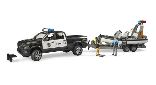 B02507 Bruder RAM 2500 Police Pick-up and Boat with Policeman and Diver