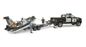 B02507 Bruder RAM 2500 Police Pick-up and Boat with Policeman and Diver