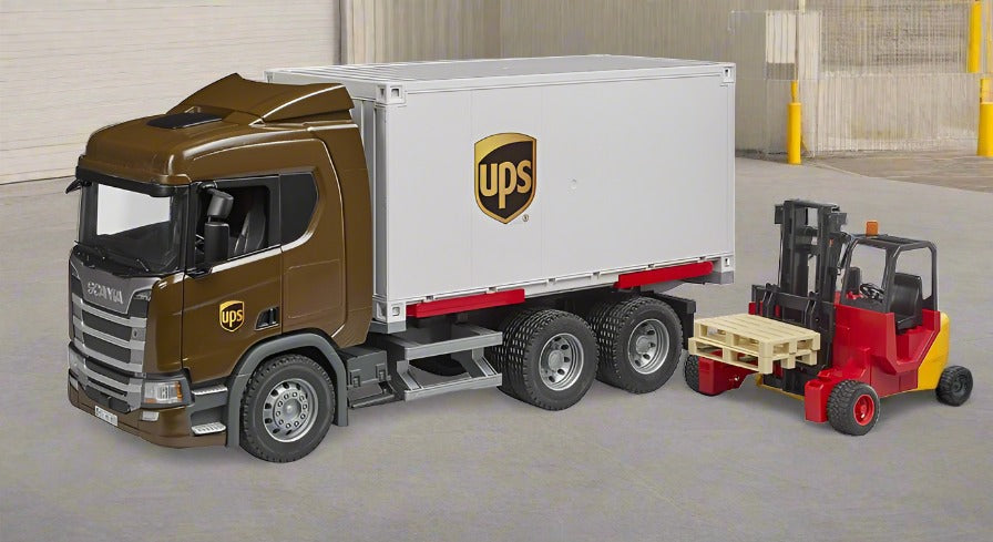 B03582 Bruder Scania Super 560R UPS logistics truck with truck mounted forklift