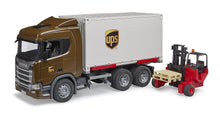Load image into Gallery viewer, B03582 Bruder Scania Super 560R UPS logistics truck with truck-mounted forklift