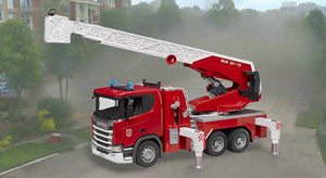B03591 Bruder Scania Super 560R fire brigade with turntable ladder, water pump and light & sound module
