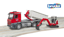 Load image into Gallery viewer, B03624 BRUDER MERCEDES-BENZ AROCS HOOK-LIFT CONTAINER AND SCHAEFF HR16 MINI-DIGGER