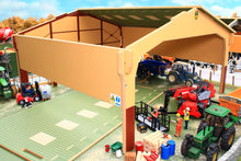 Load image into Gallery viewer, Brushwood model silage clamp cover shown as an open sided farm building with miniature tractors machinery barrels and figures in a detailed agricultural display