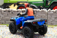 Load image into Gallery viewer, Diecast Masters 1 32 scale blue quad bike model with rider in orange vest on a miniature farm diorama beside a stone wall