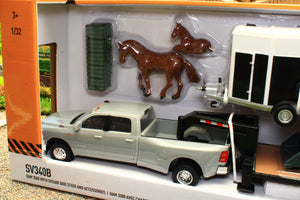 ERT47431 Ertl 1:32 Scale Dodge Ram 3500 Pickup truck with gooseneck trailer Case SV340B Skid Steer in pink and horse box