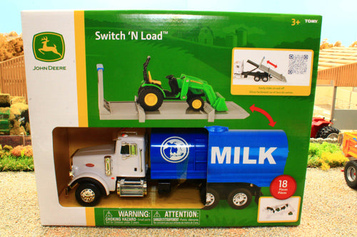 ERT47496 Ertl 1:32 Scale Peterbilt Milk Tanker Lorry with 'switch and load' flatbed and compact John Deere Tractor