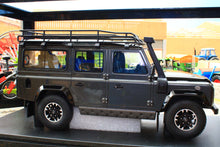 Load image into Gallery viewer, GT Spirit Models 1:18 scale Land Rover Defender 110 SW in Corris Grey shown in side view with roof rack snorkel rugged tyres and detailed interior