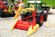 Load image into Gallery viewer, Marge Models 1:32 scale Krone MC16B maize chopper model attached to a green tractor with detailed red and yellow cutting equipment