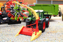 Load image into Gallery viewer, Marge Models 1 32 scale Krone MC16B maize chopper model shown with a green tractor and red and yellow harvesting attachment in a farm diorama