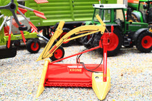 Load image into Gallery viewer, Marge Models 1:32 scale Krone farm machinery model in red and yellow displayed with miniature tractors and agricultural equipment on a gravel diorama