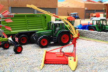 Load image into Gallery viewer, Marge Models 1 32 scale Krone maize chopper with red and yellow cutting head beside a green tractor and trailer in a farm diorama